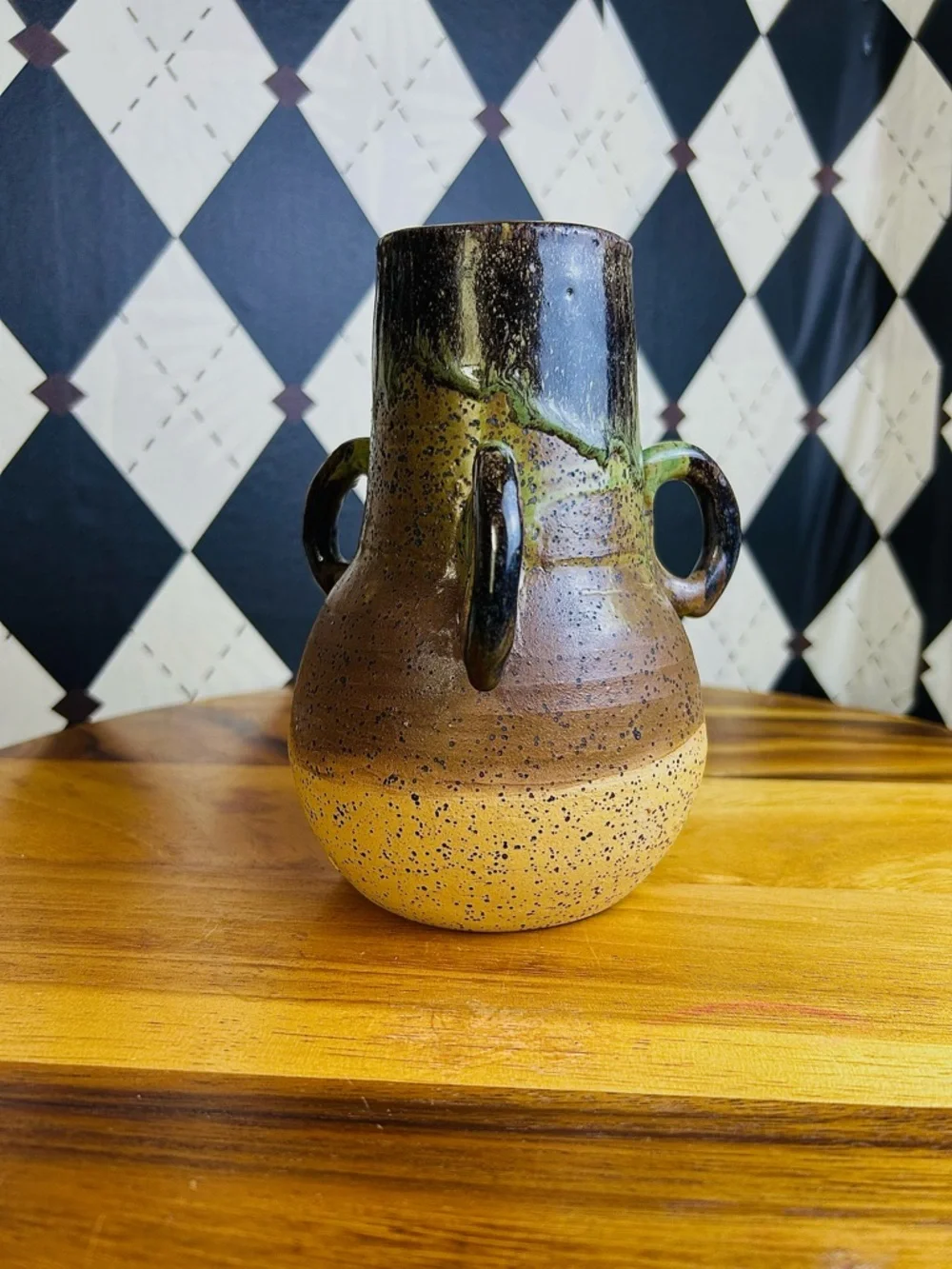 Triple Handle Studio Pottery Vase Signed Speckled Earth‎ Tone Rustic Green Beige